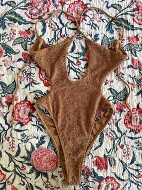 White Fox Boutique Brown Textured Cutout One-Piece Swimsuit